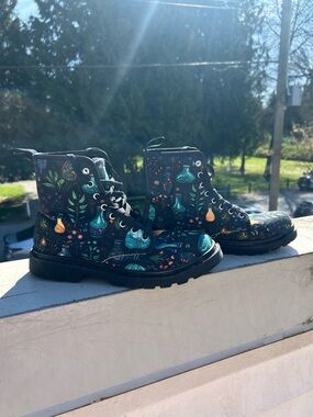 Black Botanical Potion Print Combat Boots
